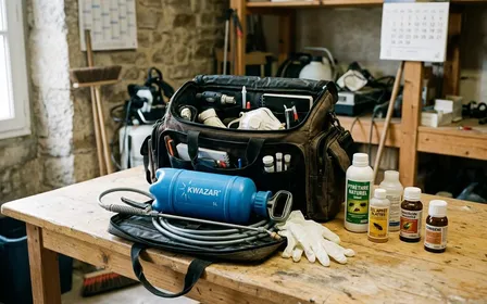 Sacoche professionnelle de désinsectisation ouverte posée sur table en bois clair avec pulvérisateur bleu et gants nitrile blancs visibles, ambiance sobre lumière naturelle documentaire aucun humain visible plan rapproché en légère plongée