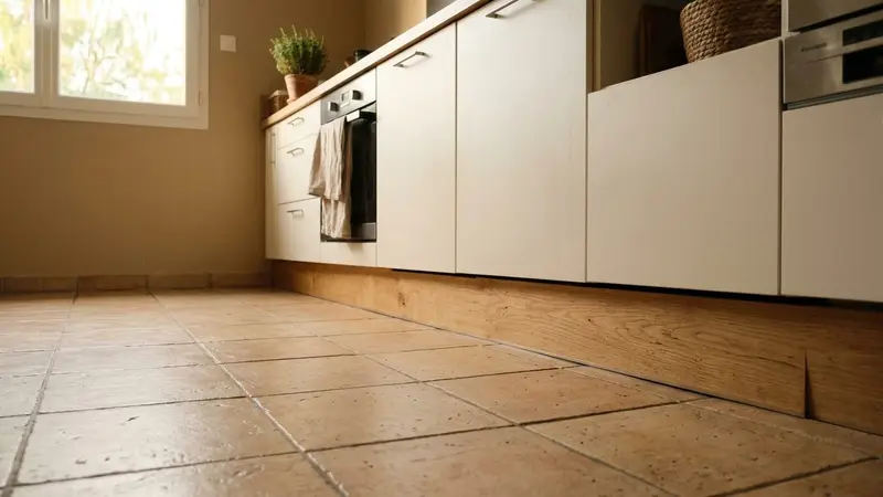 Cuisine française contemporaine avec plinthe en bois clair et sol carrelé beige vu de près en fin d'après-midi de rentrée, ambiance sobre lumière naturelle documentaire aucun humain ni insecte visible plan rapproché