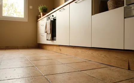 Cuisine française contemporaine avec plinthe en bois clair et sol carrelé beige vu de près en fin d'après-midi de rentrée, ambiance sobre lumière naturelle documentaire aucun humain ni insecte visible plan rapproché
