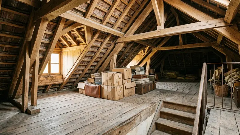 Grenier de maison française avec charpente en bois clair apparente poutres et boîte en carton stockée au sol vus depuis l'escalier en fin d'après-midi d'automne, ambiance sobre lumière naturelle filtrée par un vasistas documentaire aucun humain visible plan large