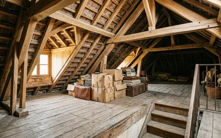 Grenier de maison française avec charpente en bois clair apparente poutres et boîte en carton stockée au sol vus depuis l'escalier en fin d'après-midi d'automne, ambiance sobre lumière naturelle filtrée par un vasistas documentaire aucun humain visible plan large