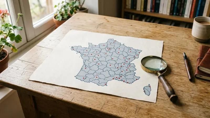 Carte de France métropolitaine stylisée imprimée sur papier posée sur un bureau en bois clair avec petits repères géographiques rouges éparpillés et loupe posée à côté, ambiance sobre lumière naturelle documentaire de fin de matinée aucun humain visible plan rapproché en légère plongée