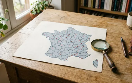 Carte de France métropolitaine stylisée imprimée sur papier posée sur un bureau en bois clair avec petits repères géographiques rouges éparpillés et loupe posée à côté, ambiance sobre lumière naturelle documentaire de fin de matinée aucun humain visible plan rapproché en légère plongée