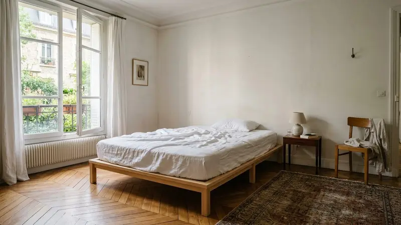 Chambre française contemporaine vide avec matelas nu recouvert d'un drap blanc et sommier en bois clair vus de face, ambiance sobre lumière naturelle douce de fin de matinée aucun humain visible plan large documentaire