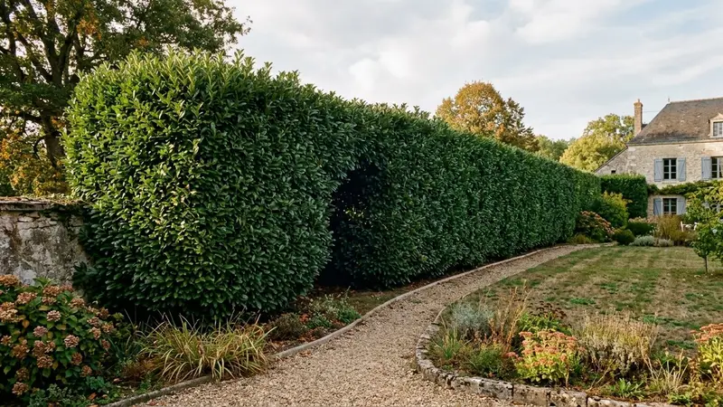 Haie française dense de laurier taillée en septembre avec zone légèrement plus sombre au centre du feuillage et lumière naturelle de fin d'après-midi, ambiance sobre documentaire aucun humain ni insecte visible plan large sur haie de jardin résidentiel