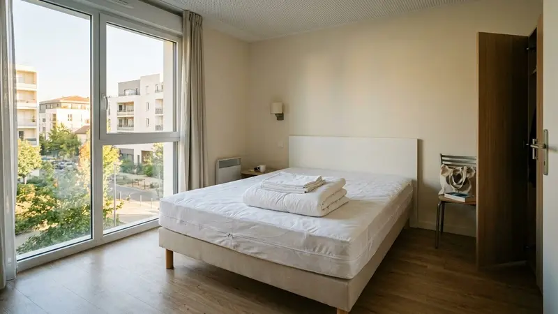 Chambre française d'immeuble contemporain avec draps blancs pliés et housse anti-punaises hermétique posée sur un matelas isolé du mur en début de matinée de septembre, ambiance sobre lumière naturelle documentaire aucun humain visible plan large