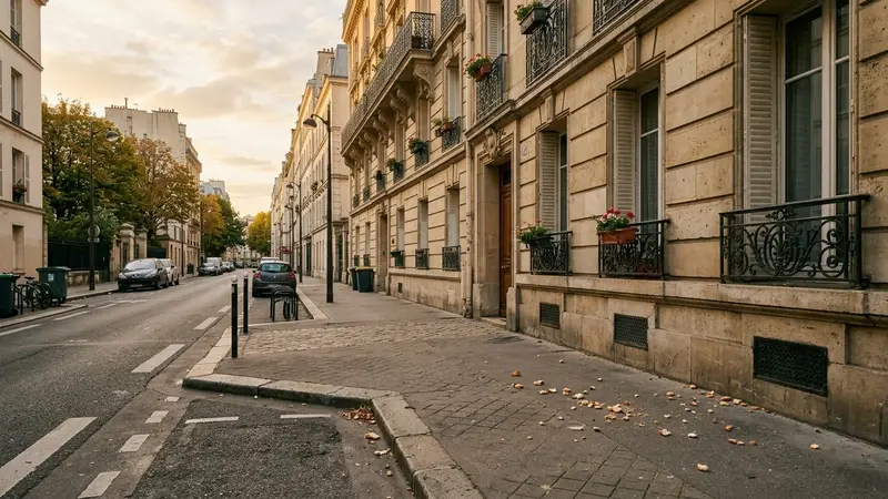 Rue française d'un quartier résidentiel avec balcon d'immeuble en pierre et miettes de pain dispersées sur le trottoir en fin d'après-midi de septembre, ambiance sobre lumière naturelle documentaire aucun humain ni animal visible plan large