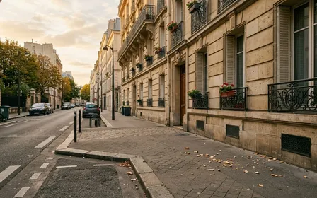 Rue française d'un quartier résidentiel avec balcon d'immeuble en pierre et miettes de pain dispersées sur le trottoir en fin d'après-midi de septembre, ambiance sobre lumière naturelle documentaire aucun humain ni animal visible plan large