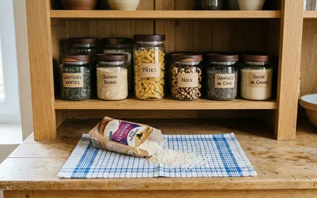 Placard de cuisine française en bois clair contemporain avec bocaux en verre hermétiques alignés sur une étagère et paquet de riz déchiré vidé sur un torchon plié, ambiance sobre lumière naturelle documentaire aucun humain visible plan rapproché