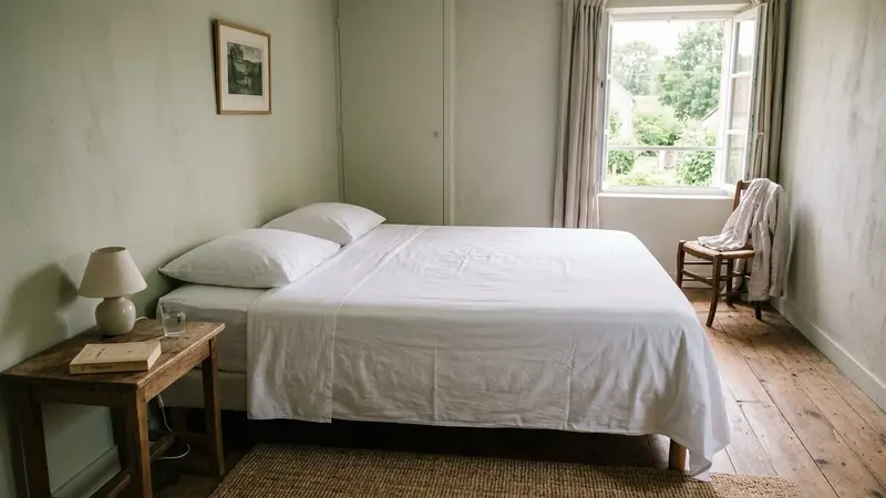 Chambre française contemporaine avec drap blanc tendu propre sur un matelas nu vu depuis le pied du lit en début de matinée, ambiance sobre lumière naturelle douce documentaire aucun humain visible plan large