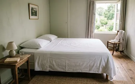 Chambre française contemporaine avec drap blanc tendu propre sur un matelas nu vu depuis le pied du lit en début de matinée, ambiance sobre lumière naturelle douce documentaire aucun humain visible plan large