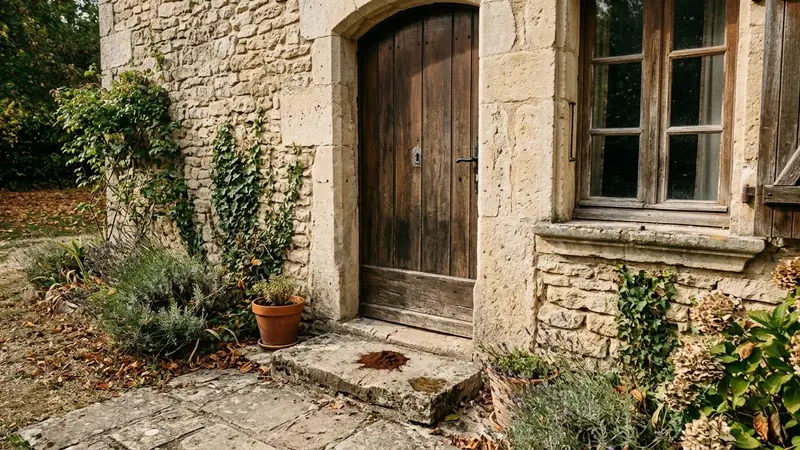Entrée de porte en pierre d'une maison française contemporaine avec petit tas de marc de café humide déposé au seuil et rebord de fenêtre visible en fin d'après-midi de septembre, ambiance sobre lumière naturelle documentaire aucun humain ni insecte visible plan rapproché