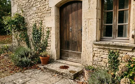 Entrée de porte en pierre d'une maison française contemporaine avec petit tas de marc de café humide déposé au seuil et rebord de fenêtre visible en fin d'après-midi de septembre, ambiance sobre lumière naturelle documentaire aucun humain ni insecte visible plan rapproché