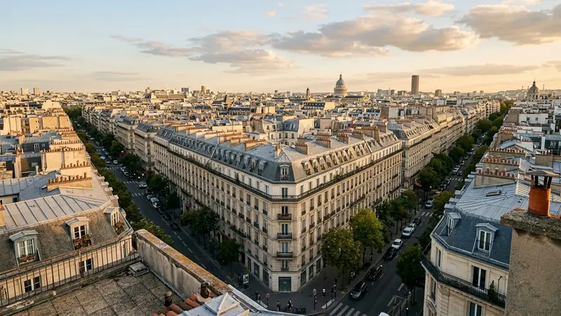 Vue aérienne d'un quartier résidentiel parisien haussmannien en fin d'après-midi de septembre avec toits en zinc et lucarnes de service d'hygiène municipal, ambiance sobre lumière naturelle documentaire aucun humain visible plan large