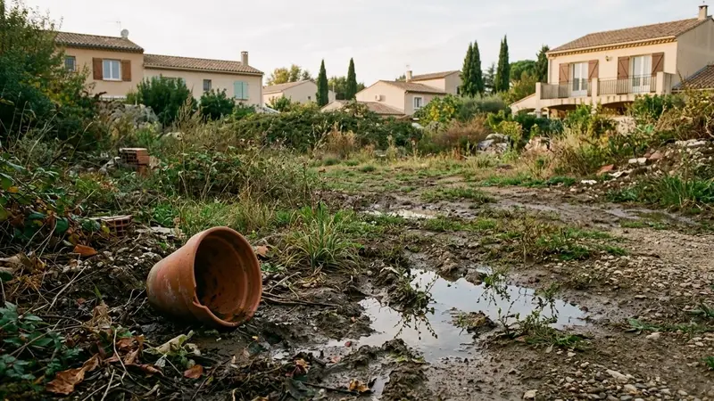 Terrain vague d'un quartier résidentiel du sud de la France en fin d'après-midi de septembre avec pot en terre cuite renversé au sol et eau de pluie stagnante, ambiance sobre lumière naturelle documentaire aucun humain ni animal visible plan rapproché