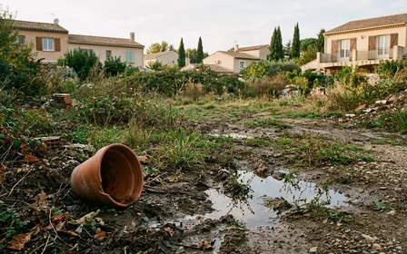 Terrain vague d'un quartier résidentiel du sud de la France en fin d'après-midi de septembre avec pot en terre cuite renversé au sol et eau de pluie stagnante, ambiance sobre lumière naturelle documentaire aucun humain ni animal visible plan rapproché