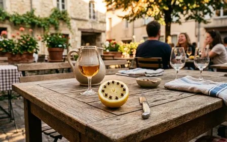 Table en bois clair d'une terrasse française en fin d'après-midi de septembre avec demi-citron jaune fraîchement coupé piqué de clous de girofle bruns disposé au centre, ambiance conviviale documentaire aucun humain visible plan rapproché lumière naturelle chaude