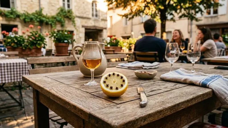 Table en bois clair d'une terrasse française en fin d'après-midi de septembre avec demi-citron jaune fraîchement coupé piqué de clous de girofle bruns disposé au centre, ambiance conviviale documentaire aucun humain visible plan rapproché lumière naturelle chaude