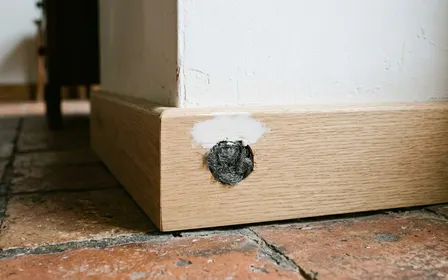 Coin de plinthe française contemporaine en bois clair avec petit trou visible bouché par de la laine d'acier grise compactée et couche de mastic blanc lissé, ambiance sobre lumière naturelle documentaire aucun humain ni animal visible plan macro rapproché