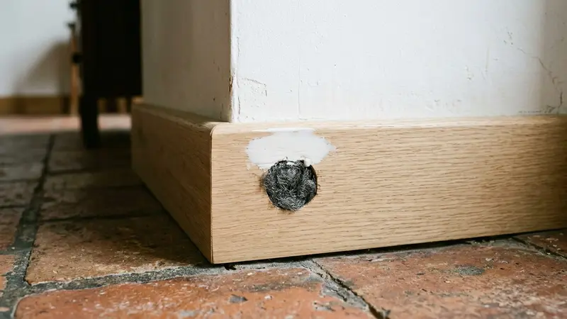 Coin de plinthe française contemporaine en bois clair avec petit trou visible bouché par de la laine d'acier grise compactée et couche de mastic blanc lissé, ambiance sobre lumière naturelle documentaire aucun humain ni animal visible plan macro rapproché