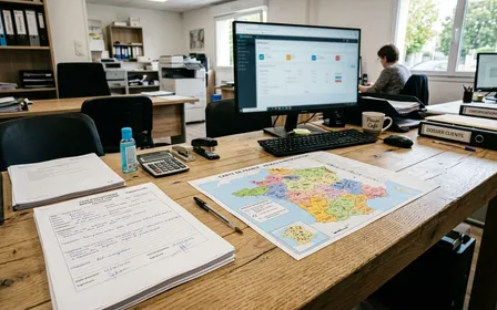 Bureau français d'entreprise Certibiocide contemporain avec fiches d'intervention papier et carte de France imprimée posées sur un plan de travail en bois clair en début de matinée, ambiance sobre lumière naturelle documentaire aucun humain visible plan rapproché