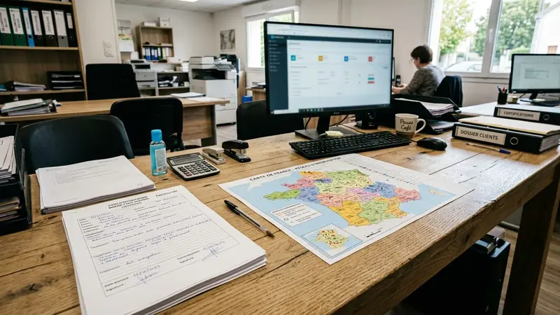Bureau français d'entreprise Certibiocide contemporain avec fiches d'intervention papier et carte de France imprimée posées sur un plan de travail en bois clair en début de matinée, ambiance sobre lumière naturelle documentaire aucun humain visible plan rapproché