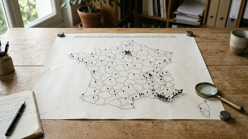 Carte de France métropolitaine stylisée imprimée sur papier posée sur un bureau en bois clair avec petits repères géographiques éparpillés selon la colonisation du moustique tigre, ambiance sobre lumière naturelle documentaire aucun humain visible plan rapproché en légère plongée