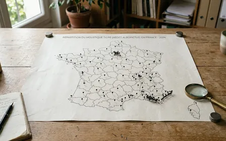 Carte de France métropolitaine stylisée imprimée sur papier posée sur un bureau en bois clair avec petits repères géographiques éparpillés selon la colonisation du moustique tigre, ambiance sobre lumière naturelle documentaire aucun humain visible plan rapproché en légère plongée