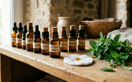 Petites bouteilles en verre ambré d'huiles essentielles alignées sur une étagère en bois clair d'une maison française avec goutte visible sur un coton et branches de menthe fraîche posées à côté, ambiance sobre lumière naturelle documentaire aucun humain visible plan rapproché