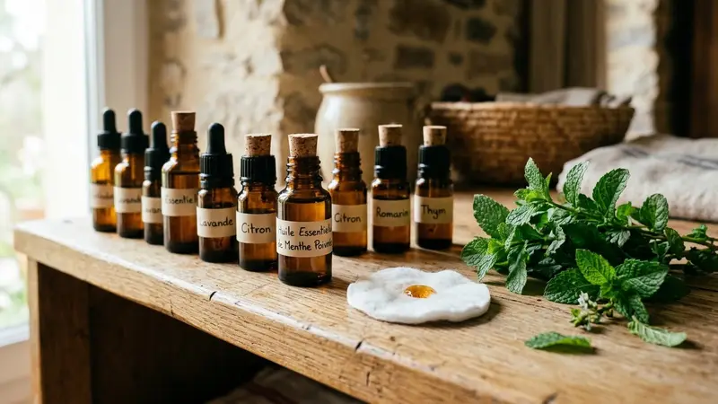 Petites bouteilles en verre ambré d'huiles essentielles alignées sur une étagère en bois clair d'une maison française avec goutte visible sur un coton et branches de menthe fraîche posées à côté, ambiance sobre lumière naturelle documentaire aucun humain visible plan rapproché