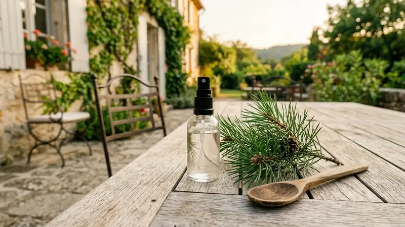 Petit flacon pulvérisateur en verre transparent posé sur une table en bois clair d'une terrasse française en fin d'après-midi de septembre avec branche de pin fraîchement coupée et cuillère en bois à côté, ambiance sobre lumière naturelle documentaire aucun humain visible plan rapproché