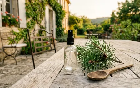 Petit flacon pulvérisateur en verre transparent posé sur une table en bois clair d'une terrasse française en fin d'après-midi de septembre avec branche de pin fraîchement coupée et cuillère en bois à côté, ambiance sobre lumière naturelle documentaire aucun humain visible plan rapproché