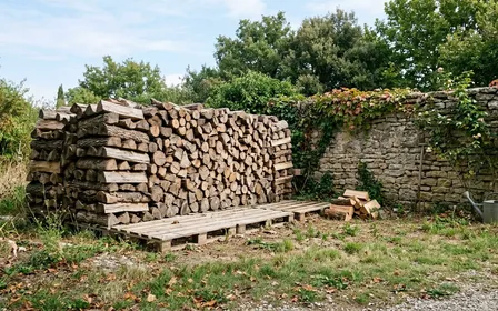 Tas de bûches de bois de chauffage empilées sur des palettes en bois clair dans un coin d'un jardin français en début d'après-midi de septembre avec bande d'herbe rase visible autour et mur en pierre en arrière-plan, ambiance sobre lumière naturelle documentaire aucun humain ni animal visible plan large