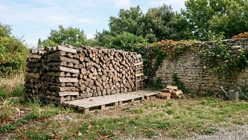 Tas de bûches de bois de chauffage empilées sur des palettes en bois clair dans un coin d'un jardin français en début d'après-midi de septembre avec bande d'herbe rase visible autour et mur en pierre en arrière-plan, ambiance sobre lumière naturelle documentaire aucun humain ni animal visible plan large