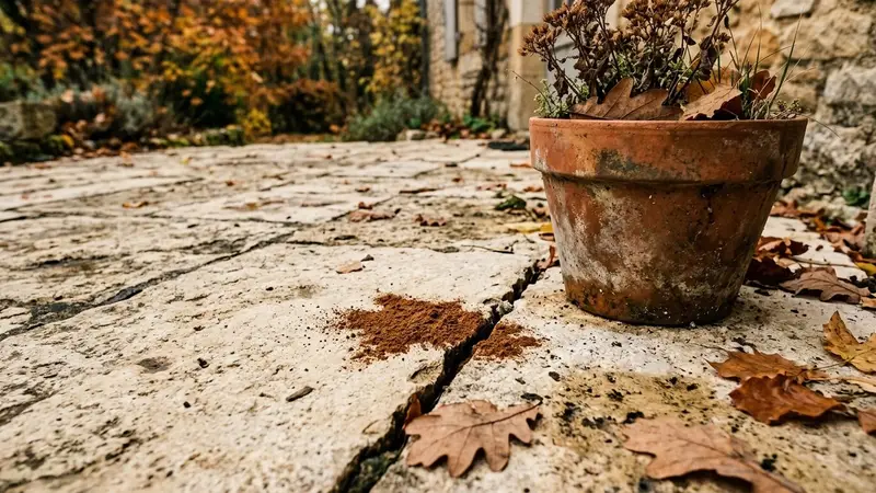 Coin de terrasse française en pierre claire d'un jardin d'automne avec petit tas de cannelle en poudre brune saupoudrée au sol près d'une fissure et pot en argile à côté, ambiance sobre lumière naturelle documentaire aucun humain ni insecte visible plan macro rapproché
