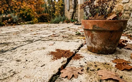 Coin de terrasse française en pierre claire d'un jardin d'automne avec petit tas de cannelle en poudre brune saupoudrée au sol près d'une fissure et pot en argile à côté, ambiance sobre lumière naturelle documentaire aucun humain ni insecte visible plan macro rapproché