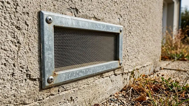 Aération métallique rectangulaire en pied de mur d'une maison française contemporaine avec grillage inox fin visible fixé en surface et vis apparentes aux angles en début d'après-midi de septembre, ambiance sobre lumière naturelle documentaire aucun humain ni animal visible plan macro rapproché
