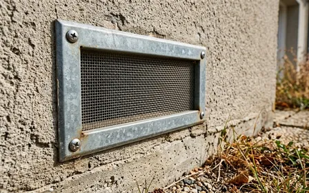 Aération métallique rectangulaire en pied de mur d'une maison française contemporaine avec grillage inox fin visible fixé en surface et vis apparentes aux angles en début d'après-midi de septembre, ambiance sobre lumière naturelle documentaire aucun humain ni animal visible plan macro rapproché