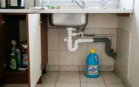 Évier de cuisine française contemporaine avec siphon en plastique blanc visible sous le lavabo et bouteille de javel bleue posée à côté sur le carrelage clair, ambiance sobre lumière naturelle documentaire aucun humain ni insecte visible plan rapproché