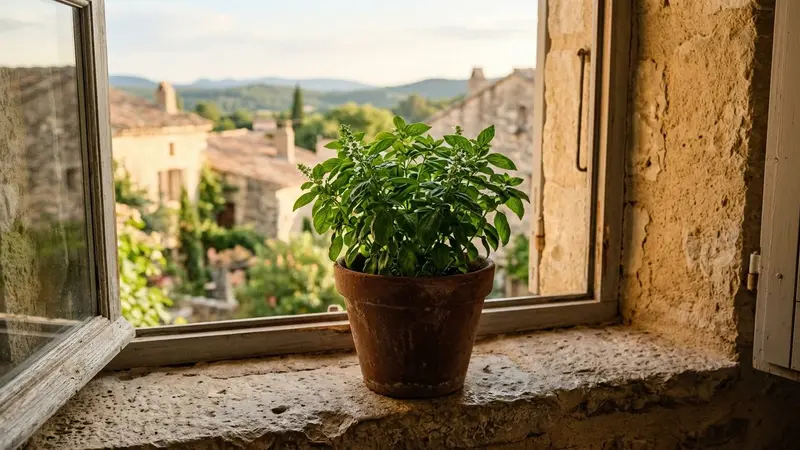 Pot en argile brune posé sur un rebord de fenêtre en pierre d'une maison française contemporaine avec plant de basilic vert bien fourni éclairé par la lumière naturelle chaude de fin d'après-midi, ambiance sobre documentaire aucun humain ni insecte visible plan rapproché