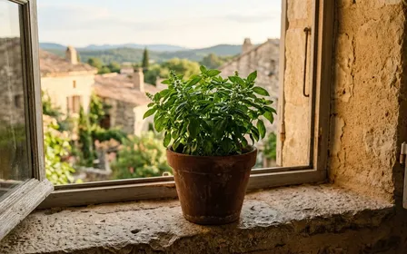 Pot en argile brune posé sur un rebord de fenêtre en pierre d'une maison française contemporaine avec plant de basilic vert bien fourni éclairé par la lumière naturelle chaude de fin d'après-midi, ambiance sobre documentaire aucun humain ni insecte visible plan rapproché