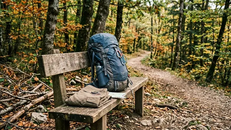 Sac à dos de randonnée moderne posé sur un banc en bois clair au bord d'un sentier forestier français en début d'après-midi d'automne avec pantalon technique kaki plié à côté et branches de chêne visibles au sol, ambiance sobre lumière naturelle documentaire aucun humain visible plan rapproché