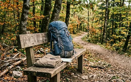 Sac à dos de randonnée moderne posé sur un banc en bois clair au bord d'un sentier forestier français en début d'après-midi d'automne avec pantalon technique kaki plié à côté et branches de chêne visibles au sol, ambiance sobre lumière naturelle documentaire aucun humain visible plan rapproché