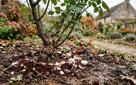 Pied de rosier français en fin de matinée d'automne avec cercle de marc de café brun mélangé à des coquilles d'œuf broyées blanches déposé sur la terre humide autour de la tige et feuilles vertes visibles au-dessus, ambiance sobre lumière naturelle documentaire aucun humain ni animal visible plan macro rapproché