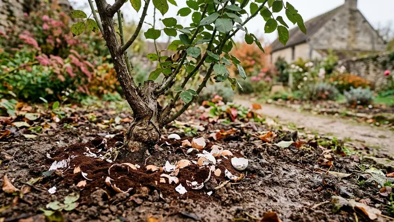 Pied de rosier français en fin de matinée d'automne avec cercle de marc de café brun mélangé à des coquilles d'œuf broyées blanches déposé sur la terre humide autour de la tige et feuilles vertes visibles au-dessus, ambiance sobre lumière naturelle documentaire aucun humain ni animal visible plan macro rapproché