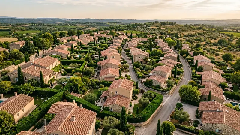 Vue aérienne d'un quartier résidentiel du sud de la France en fin d'après-midi de septembre avec toits en tuiles rouges et jardins entourés de haies vertes, ambiance sobre lumière naturelle documentaire aucun humain ni animal visible plan large en légère plongée