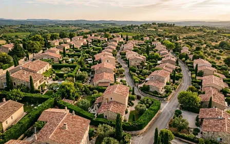 Vue aérienne d'un quartier résidentiel du sud de la France en fin d'après-midi de septembre avec toits en tuiles rouges et jardins entourés de haies vertes, ambiance sobre lumière naturelle documentaire aucun humain ni animal visible plan large en légère plongée
