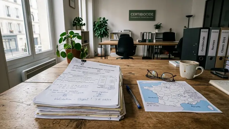 Bureau français d'entreprise Certibiocide contemporain avec liasse de devis papier annotés au stylo et carte de France imprimée posée sur un plan de travail en bois clair en début de matinée, ambiance sobre lumière naturelle documentaire aucun humain visible plan rapproché