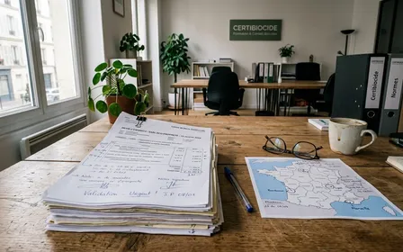 Bureau français d'entreprise Certibiocide contemporain avec liasse de devis papier annotés au stylo et carte de France imprimée posée sur un plan de travail en bois clair en début de matinée, ambiance sobre lumière naturelle documentaire aucun humain visible plan rapproché