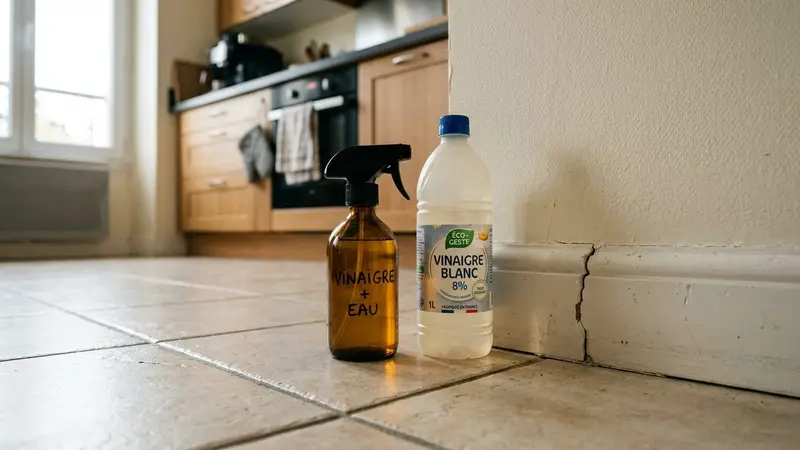 Petit pulvérisateur en verre transparent posé sur le carrelage clair d'une cuisine française contemporaine avec bouteille de vinaigre blanc translucide à côté et fissure de plinthe visible en début de matinée, ambiance sobre lumière naturelle documentaire aucun humain ni insecte visible plan rapproché